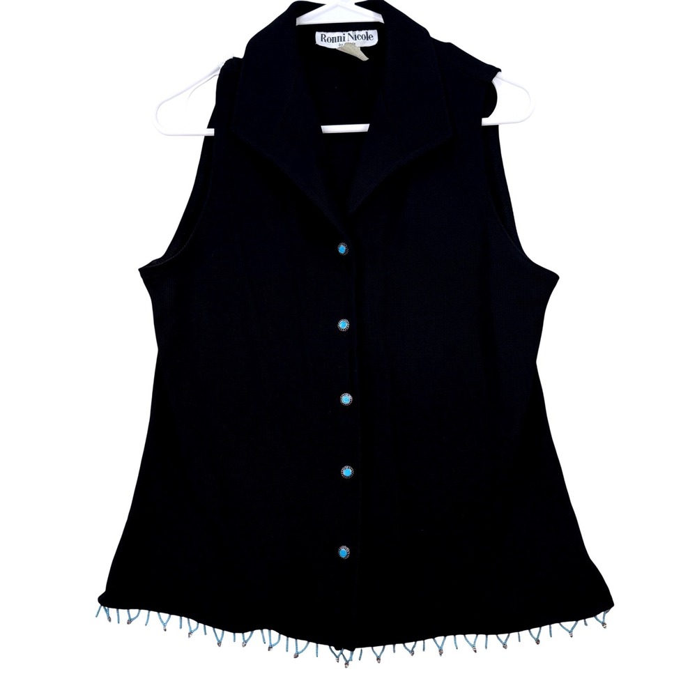 Ronni Nicole Sleeveless Top Womens 12 Black Turquoise Beaded Western Cowgirl‎